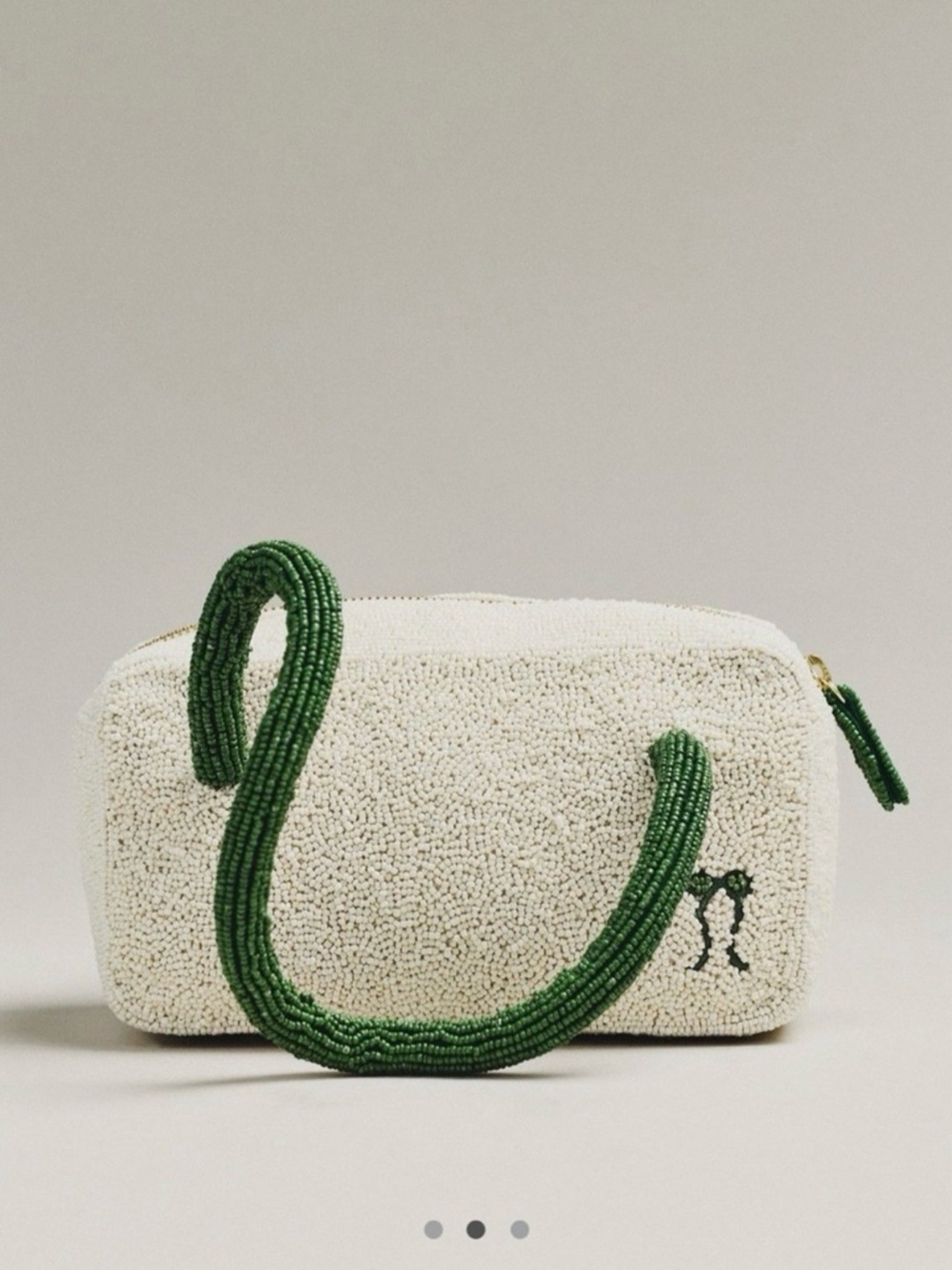 Anthropologie Beaded Cream Tote with Green Handles and Pink Accent - Picture 2 of 12